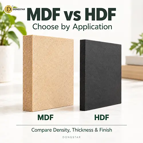 Side-by-side comparison of natural MDF and black HDF surfaces and cut edges