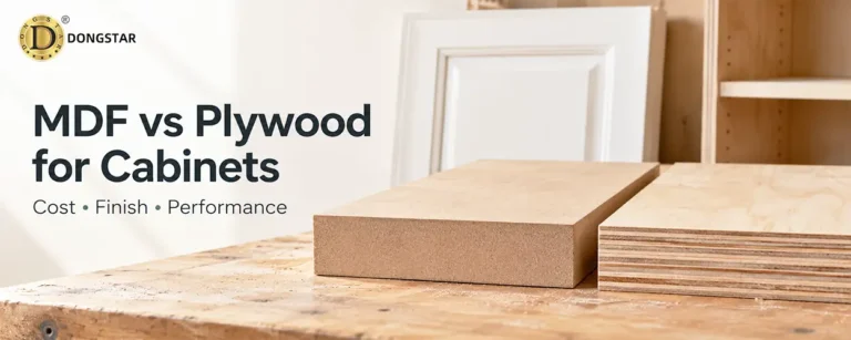 MDF and plywood samples with a painted cabinet door and plywood cabinet box