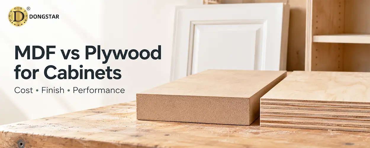 MDF and plywood samples with a painted cabinet door and plywood cabinet box